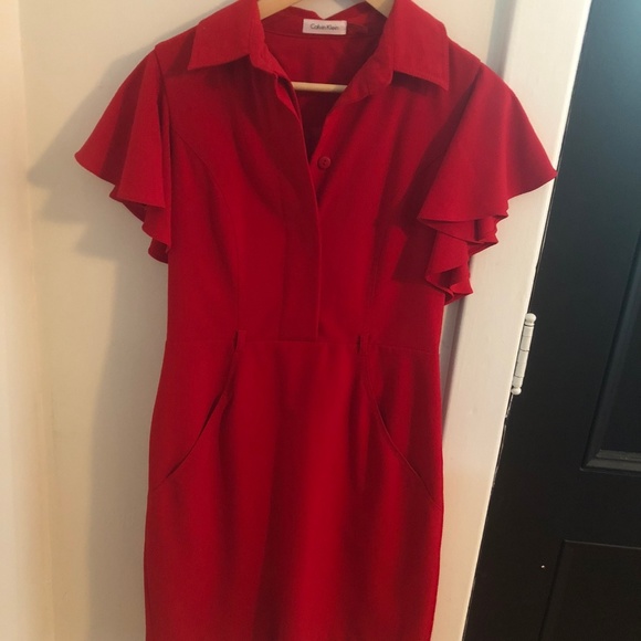 Calvin Klein Ruffled Sleeve Hot Red Work Dress - Picture 1 of 3